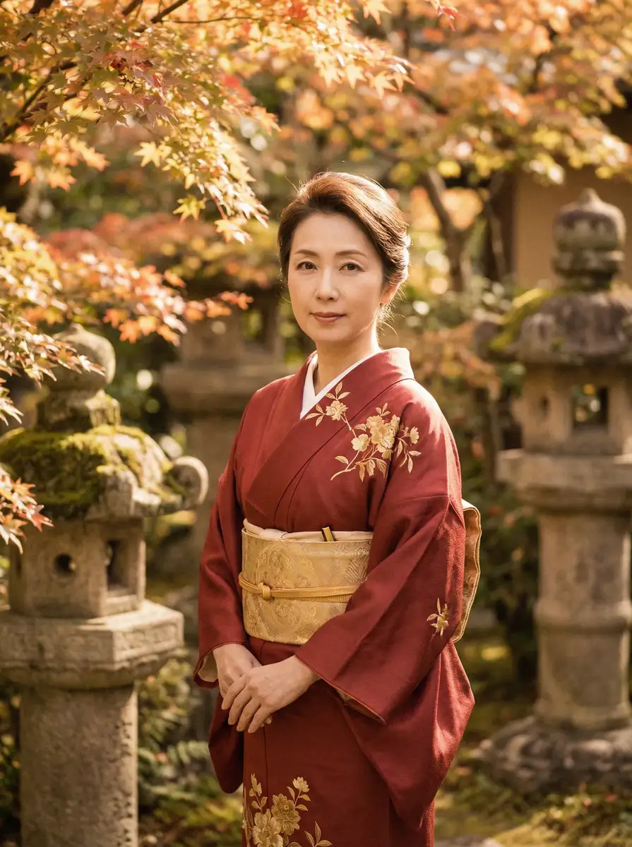 一位身穿暗红色和服的优雅 豪乳荡妇 在日式庭院中
